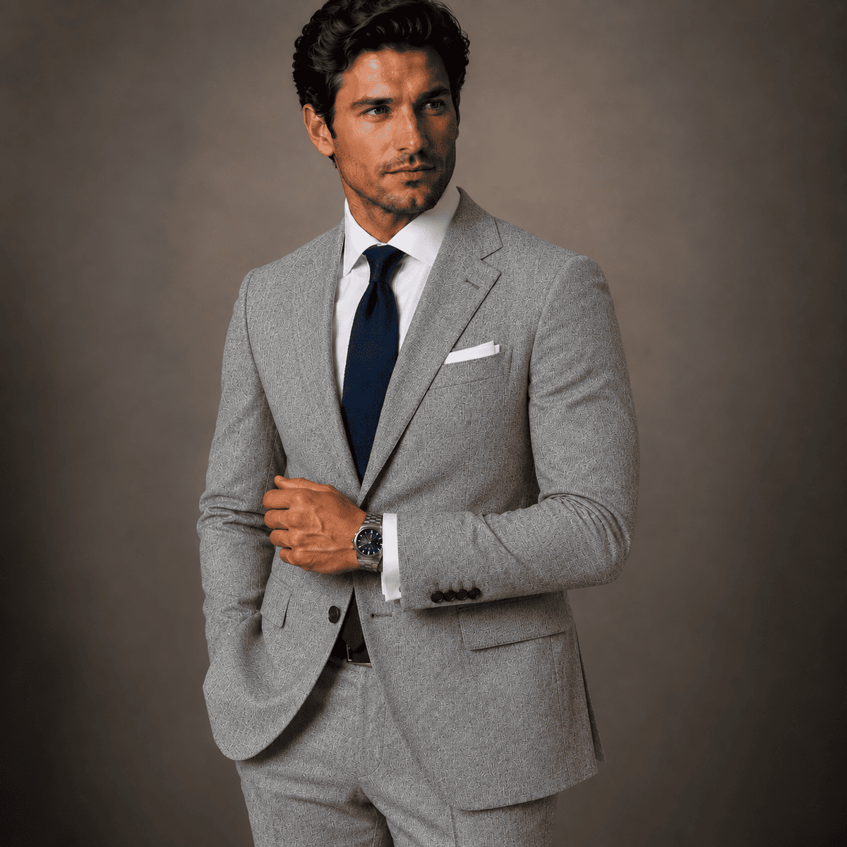 Men’s light grey linen bespoke suit with a white dress shirt, navy tie and white pocket square, showing the tailored jacket and textured fabric.