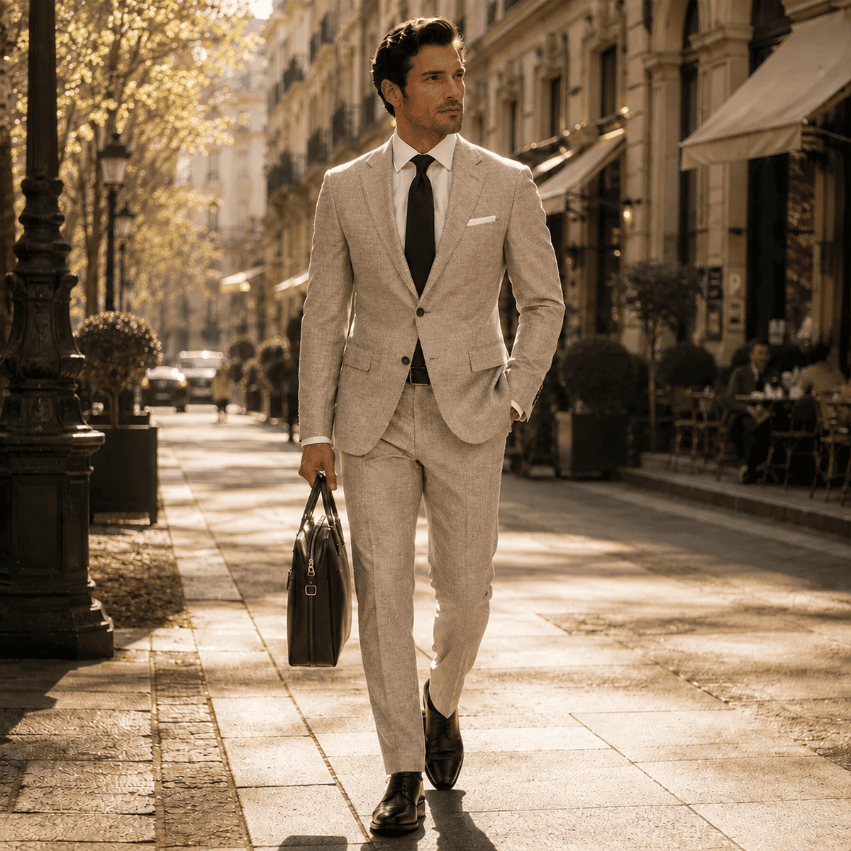 Beige linen bespoke suit for men styled with a white dress shirt, black tie and black leather shoes for a refined warm-weather look.