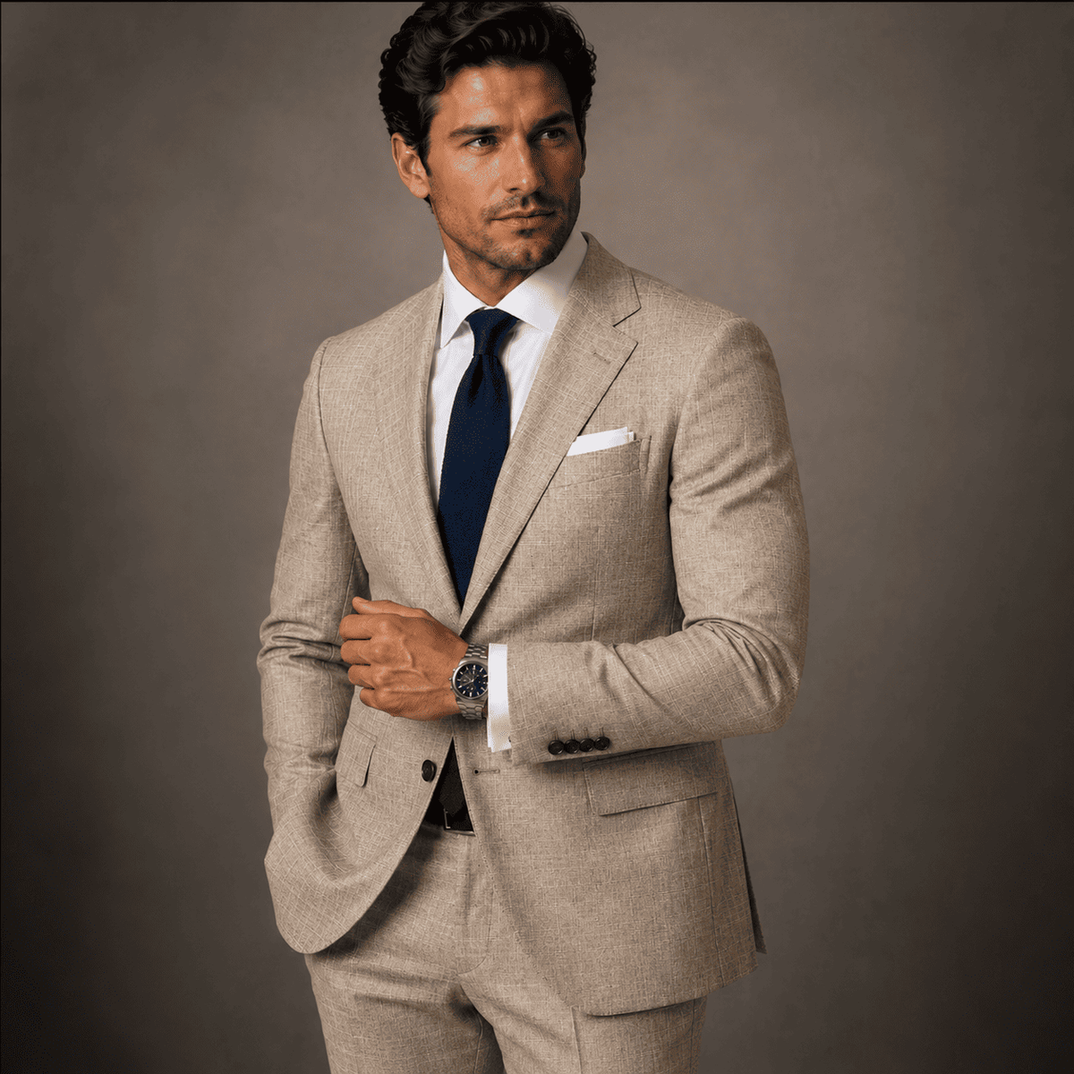 Men’s beige linen bespoke suit styled with a white dress shirt, navy tie and pocket square for a refined warm-weather formal look.