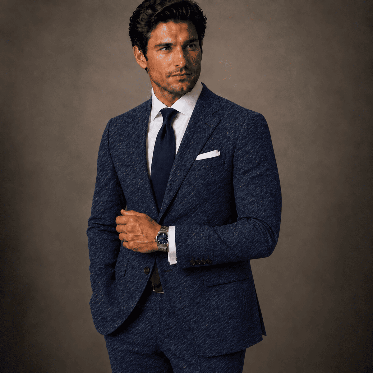 Men’s navy linen bespoke suit with tailored jacket, white dress shirt, navy tie and white pocket square.
