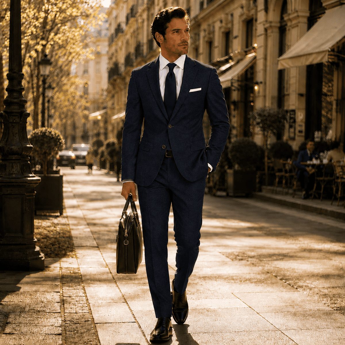 Man wearing a navy linen bespoke suit with a white dress shirt and navy tie in a refined street-style setting.
