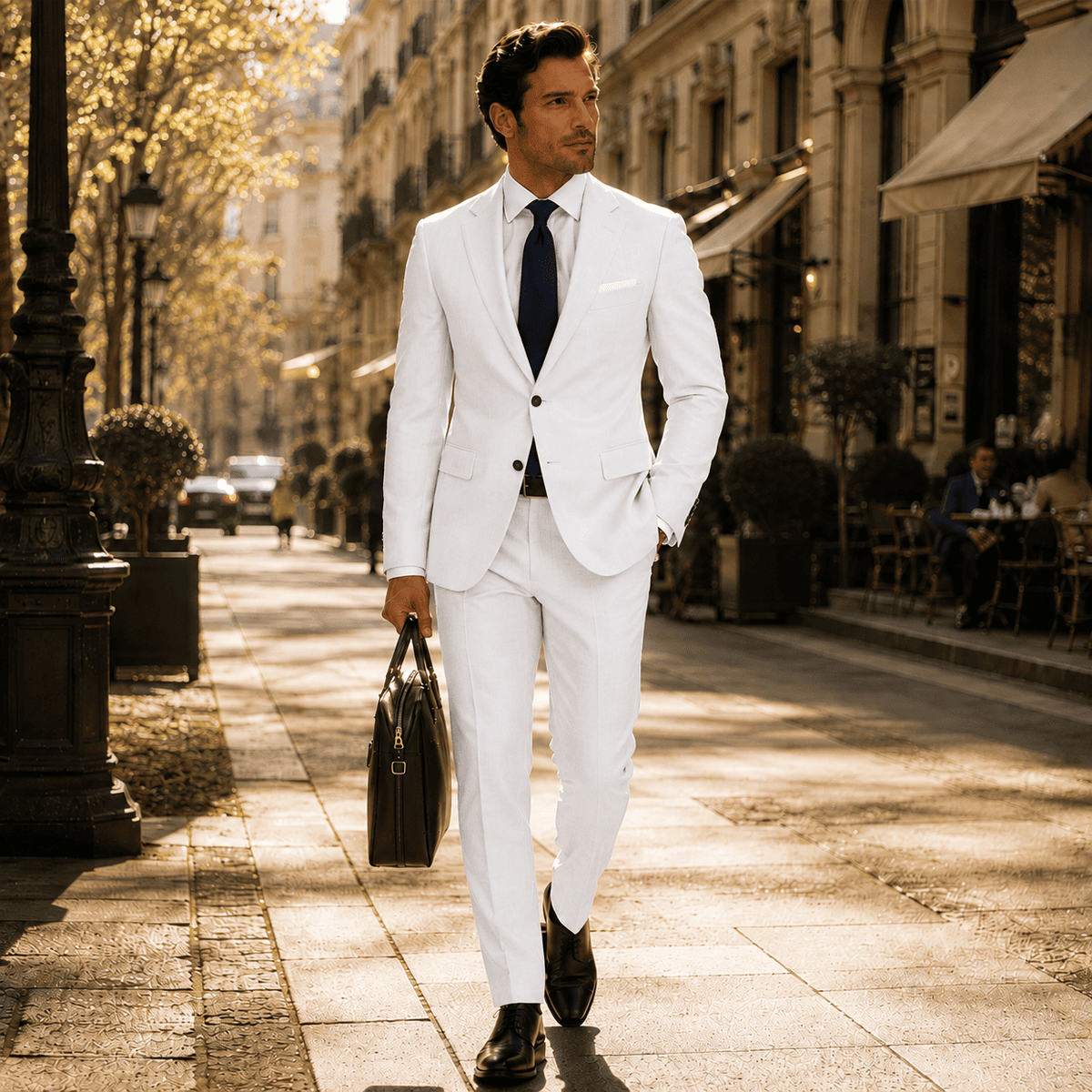 Men’s white linen bespoke suit styled with a white dress shirt, navy tie, white pocket square and black dress shoes.