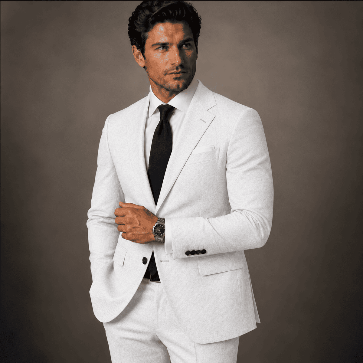Men’s white linen bespoke suit with a black tie and white dress shirt, highlighting the tailored jacket fit and textured linen fabric.