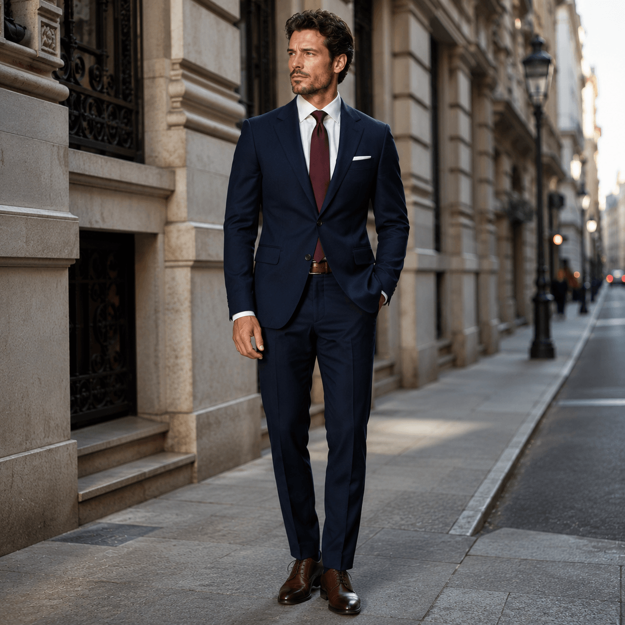 Man wearing a tailored navy suit with a white dress shirt, burgundy tie, brown dress shoes, and white pocket square.