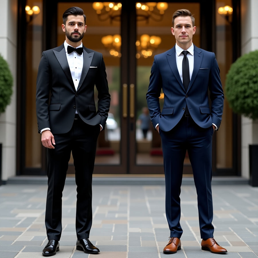 black tuxedo vs navy suit mens formal outfit comparison bow tie vs tie