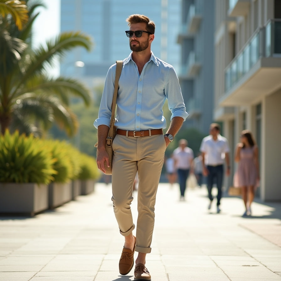 mens smart casual outfit light blue shirt beige chinos loafers summer style