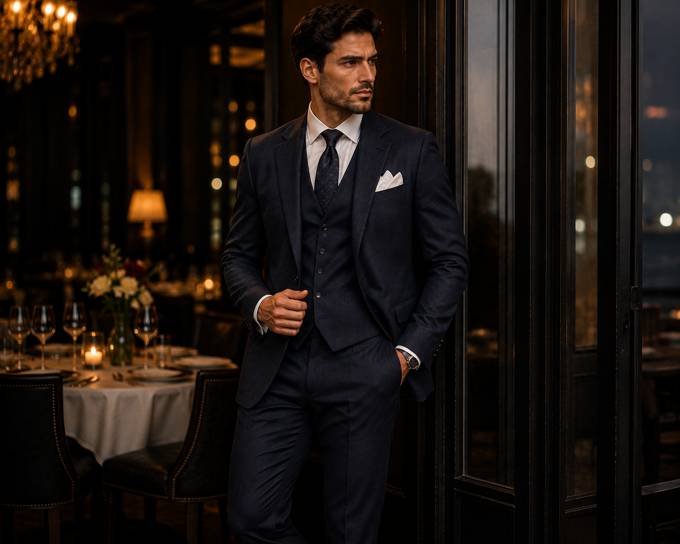 Navy three-piece suit styled with a white linen pocket square for a sophisticated formal date outfit.