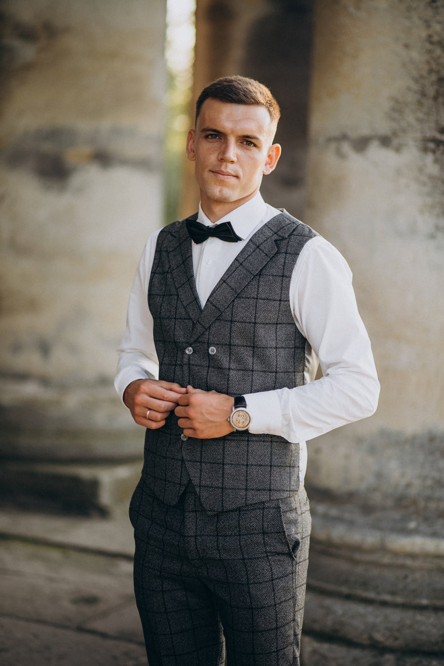 men’s grey checkered three piece suit with bow tie formal outfit elegant style
